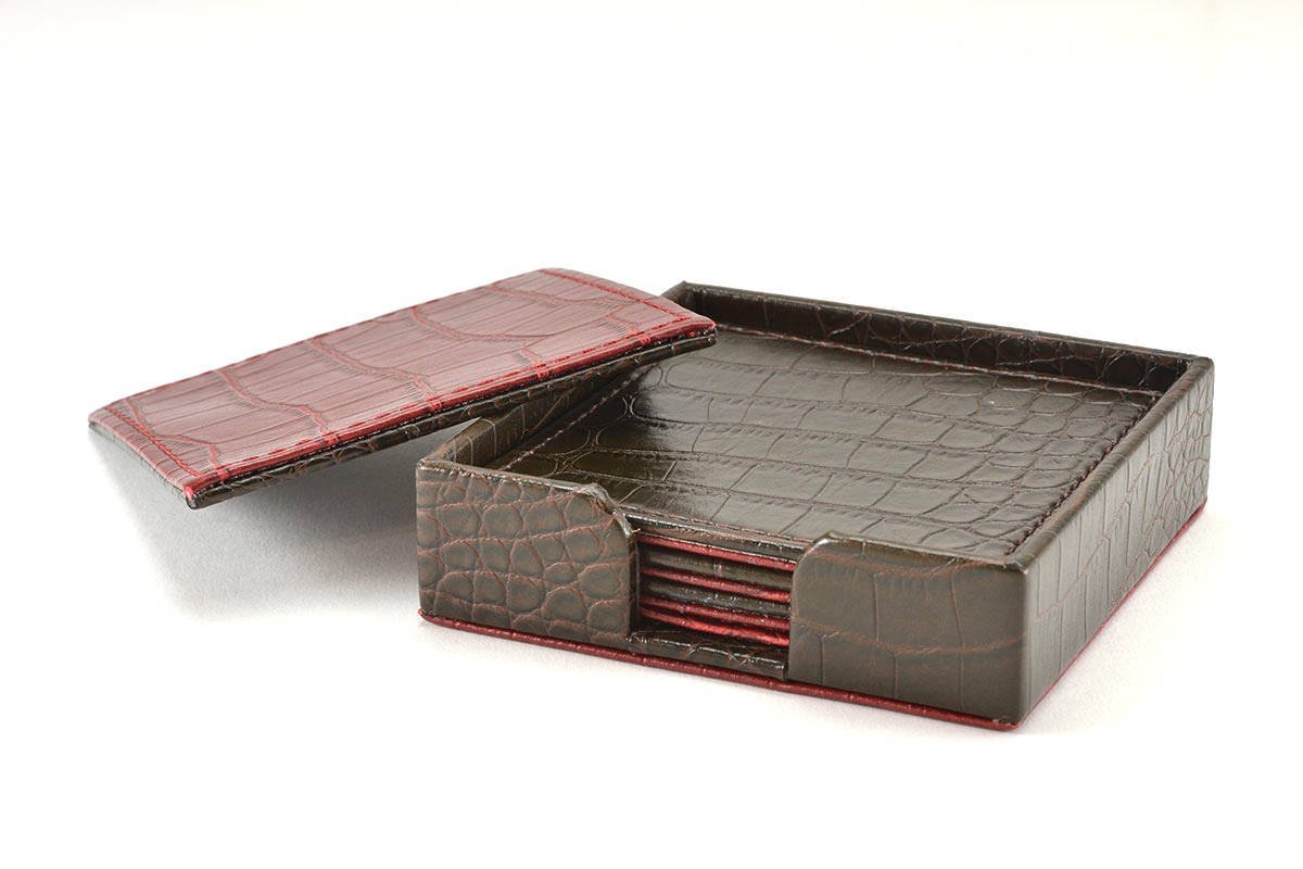 Brown and Wine Red Croco Faux Leather Reversible Coasters   WAUCUST2HS9